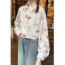 Novelty Girls Allover Angel Pattern Long Sleeve Point Collar Button-down Chest Pockets Relaxed Shirt