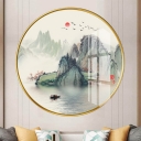 Circle Living Room Mural Light Fabric LED Chinoiserie Wall Sconce in Gold with Mountain and River Pattern