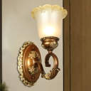 1/2 Bulbs Wall Lighting Idea with Flower Shade White Glass Traditional Living Room Wall Lamp in Brown