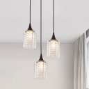 Black 3 Lights Multi Pendant Modern Clear Glass Cylinder Hanging Lamp with Interior Crystal Fringe, Round/Linear Canopy
