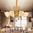 Flower Milk Frosted Glass Pendant Light Mid Century 6 Lights Living Room Chandelier Lamp in Gold