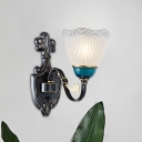 Clear Ribbed Glass Black-Blue Sconce Scalloped Bell 1/2-Bulb Traditional Wall Mounted Lighting