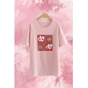 Fashionable Womens Pink Cartoon Rabbit Printed Short Sleeve Crew Neck Long Loose Fit T Shirt