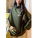 Boyfriend Style Sherpa Liner Letter Nathin Print Long Sleeve Turtle Neck Knitted Patched Oversize Pullover Sweatshirt for Women