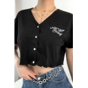 Chic Womens Letter Not Your Baby Embroidery Stringy Selvedge Short Sleeve V-neck Button down Relaxed Cropped T Shirt