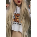 Popular Womens Letter Rock More Bear Graphic Long Sleeve Drawstring Loose Cropped Hoodie in White