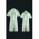 Popular Mens Green Number Logo Graphic Contasted Short Sleeve Turn down Collar Slim Fit T Shirt & Shorts Set in Green
