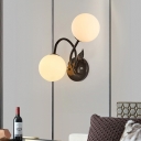 Modernist Sphere Wall Sconce Lighting 2 Bulbs White Frosted Glass Branch Wall Mount Lamp in Black
