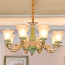 Bell Shade Living Room Chandelier Traditional White Glass 8/12 Lights Green Ceramics Up Pendulum Lamp
