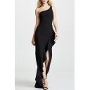 Boutique Womens One Shoulder Ruffled Asymmetric Hem Maxi Flowy Tank Gown Dress in Black
