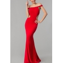 Elegant Womens Solid Color Off the Shoulder Hollow out Back Maxi Fishtail Dress