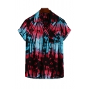 Popular Guys Tie-dye Printed Rolled Short Sleeve Turn down Collar Button up Relaxed Shirt in Red-Blue