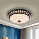 Opal Tempered Glass Bowl Ceiling Fixture Modernist Hotel LED Flush Mounted Lighting with Crystal Trim in Black