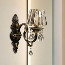 Single Prismatic Crystal Sconce Light Vintage Black and Gold Conical Living Room Wall Lighting