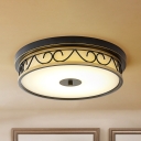 Round Ivory Glass Ceiling Lamp Countryside Bedroom LED Flush Mount Recessed Lighting with Scroll Cage in Black