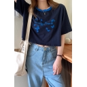 Summer Girls Letter Tisociri Butterfly Cartoon Embroidered Short Sleeve Contrasted Crew Neck Relaxed Tee Top
