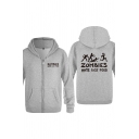 Casual Character Letter Zombies Hate Fast Food Printed Zipper up Pocket Drawstring Long Sleeve Regular Fitted Graphic Hoodie for Men