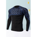 Casual Geometric Pattern Round Neck Long Sleeve Slim Fitted T-Shirt in Black