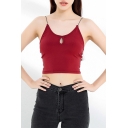 Chic Womens Solid Color Hollow out Spaghetti Straps Fit Cropped Cami Top in Burgundy