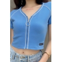 Edgy Looks Blue Letter Such Cute Embroidery Short Sleeve V-neck Zip-up Contrast Piped Slim Fit Cropped T-shirt
