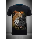 Mens Fashionable 3D Leopard Pattern Round Neck Short Sleeve Slim Fit Tee Top