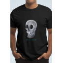 Cool Mens Skull Printed Short Sleeve Crew Neck Relaxed Fit T Shirt in Black