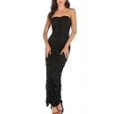 Amazing Womens Solid Color Strapless Ruched Maxi Bodycon Tube Dress in Black