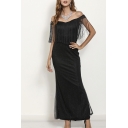 Glamorous Ladies Glitter Fringe Off the Shoulder Maxi Fishtail Dressing Gown in Black