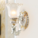 Cream Glass Floral Shade Sconce Light Traditional 1/2-Bulb Bedroom Wall Mount Lamp Fixture in White-Gold