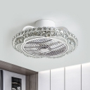 White LED Fan Light Kit Minimalist Crystal Floral Flush Mount Ceiling Fixture with Blades, 19.5