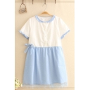 Pretty Girls Stringy Selvedge Colorblock Mesh Patched Short Sleeve Crew Neck Button up Bow Tie Waist Short Swing Dress in White