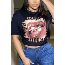 Fashion Womens Lip Letter Graphic Short Sleeve Crew Neck Regular Fit T-shirt in Black