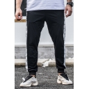 Black Chic Mens Striped Pattern Quick-Dry Drawstring Pockets Cuffed Full Length Tapered Fit Jogger Pants
