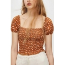 Fashionable Womens Polka Dot Print Short Sleeve Square Neck Fitted Crop T Shirt in Brown