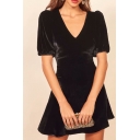 Pretty Womens Solid Color Velvet Puff Sleeve V-neck Hollow out Back Mini A-line Dinner Dress in Black