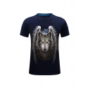 Cool Mens 3D Wolf Wing Pattern Short Sleeve Round Neck Regular Fitted T-Shirt