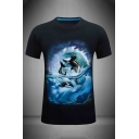 Mens 3D Fashionable Whale Wave Pattern Short Sleeve Round Neck Slim Fitted Tee Top