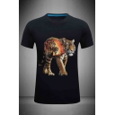 Fashionable 3D Tiger Printed Slim Fitted Short Sleeve Crew Neck Tee Top for Men