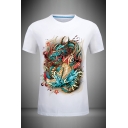 Vintage Mens 3D Dragon Fish Pattern Slim Fitted Short Sleeve Crew Neck Tee Top