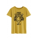 Womens Popular Letter Garole Did It Tiger Graphic Short Sleeve Round Neck Loose Fit T Shirt