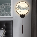 Acrylic Circular Wall Lighting Idea Chinese LED Black Wall Mural Lamp Fixture with Mountain Pattern