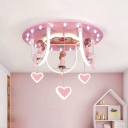 Pink Finish Girl and Swing Flush Lamp Cartoon LED Resin Ceiling Mounted Fixture with Loving Heart Detail