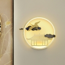 Metal House and Crane Mural Lighting Chinese Style LED Gold Wall Mounted Lamp Fixture