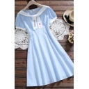 Simple Girls Letter Presents Live Love Heart Embroidery Print Patchwork Tie Crew Neck Short Sleeve Midi Fitted A Line Dress