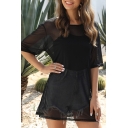 Stylish Womens Black See-through Mesh Half Sleeve Round Neck Tunic Relaxed Fit T Shirt