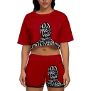 Cool Letter Cartoon Figure Graphic Short Sleeve Round Neck Relaxed Crop T Shirt & Contrasted Shorts Co-ords in Red