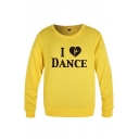 Cozy Mens Heart Character Letter I Love Dance Printed Pullover Long Sleeve Round Neck Fitted Graphic Sweatshirt