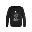Athletic Mens Character Letter Keep Clam and Play Hockey Printed Pullover Long Sleeve Round Neck Regular Fitted Graphic Sweatshirt