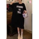 Casual Womens Letter Stories To Tell Print Half Sleeve Round Neck Midi Oversize T Shirt