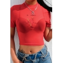 Edgy Looks See-through Mesh Devil Letter Embroidery Short Sleeve Mock Neck Fit Cropped T-shirt in Red